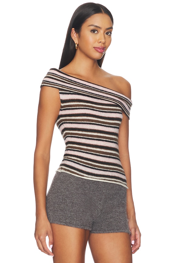 view 2 of 4 Mabel Off Shoulder Top in Pink & Chocolate Stripe