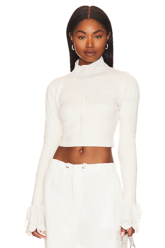 view 1 of 4 Bow Knit Tie Pointelle Turtleneck in White