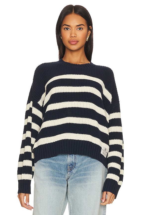 Denimist Oversized Cropped Sailor Sweater in Navy & Cream Stripe | REVOLVE