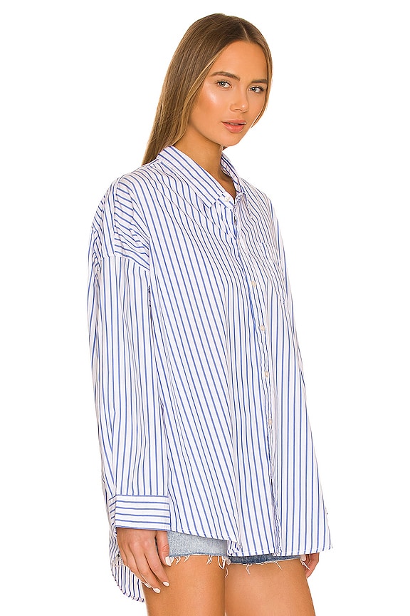 view 2 of 4 Button Front Shirt in Medium Blue Wide Stripe