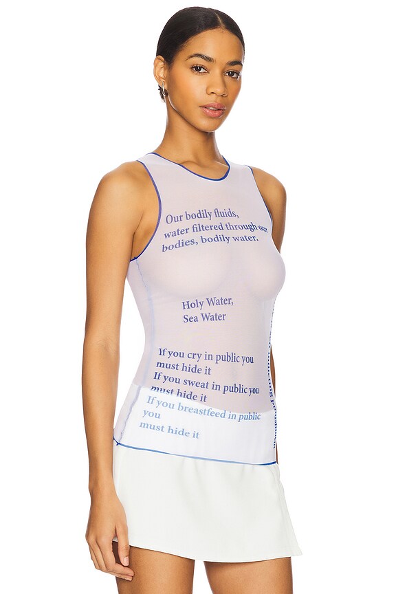 view 2 of 5 TOP SIN MANGAS WET SCRIPT in White Mesh Blue Text