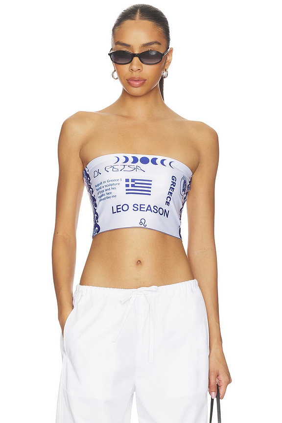 view 1 of 4 Leo Season Tube Top in White With Blue Print