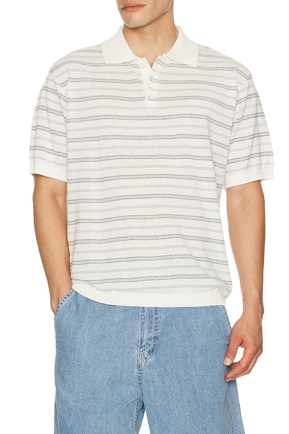 view 1 of 5 Unisex Linen Striped Polo Knit in White & Soft Blue