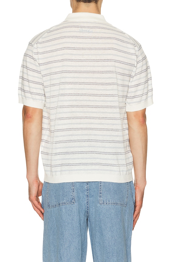 view 2 of 5 Unisex Linen Striped Polo Knit in White & Soft Blue