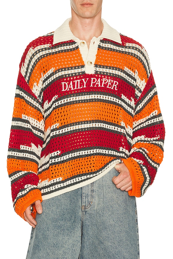 view 1 of 5 Kente Stripe Knit Polo in Red