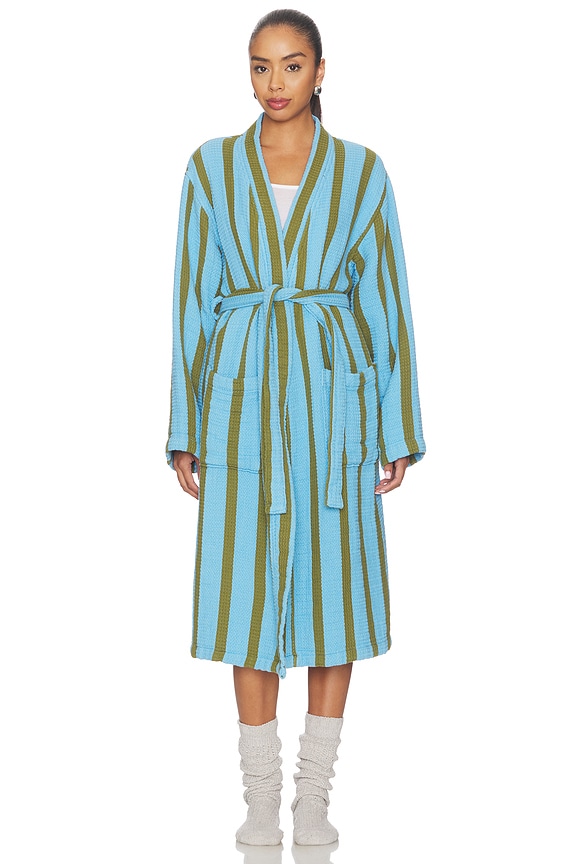 view 1 of 4 BATA DE TEJIDO WAFFLE WAFFLE BATHROBE in Blue & Green Stripe