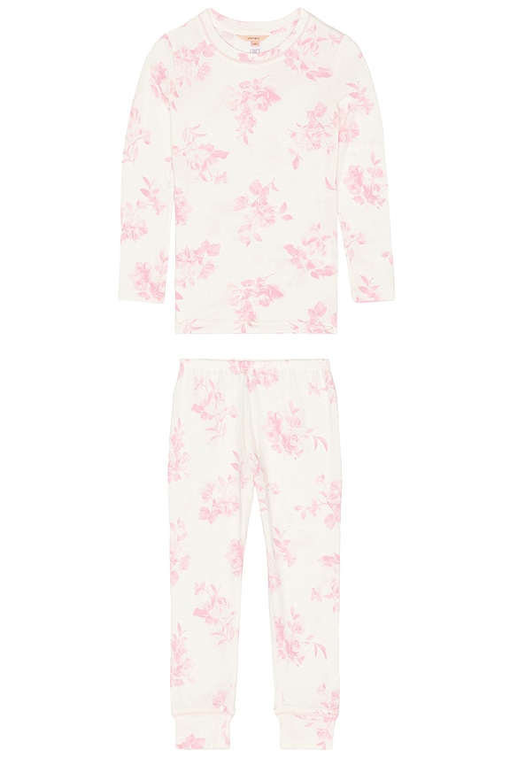 view 1 of 2 Kids Printed Long Pajama Set in Rose Garden Cameo Pink & Pale Pink