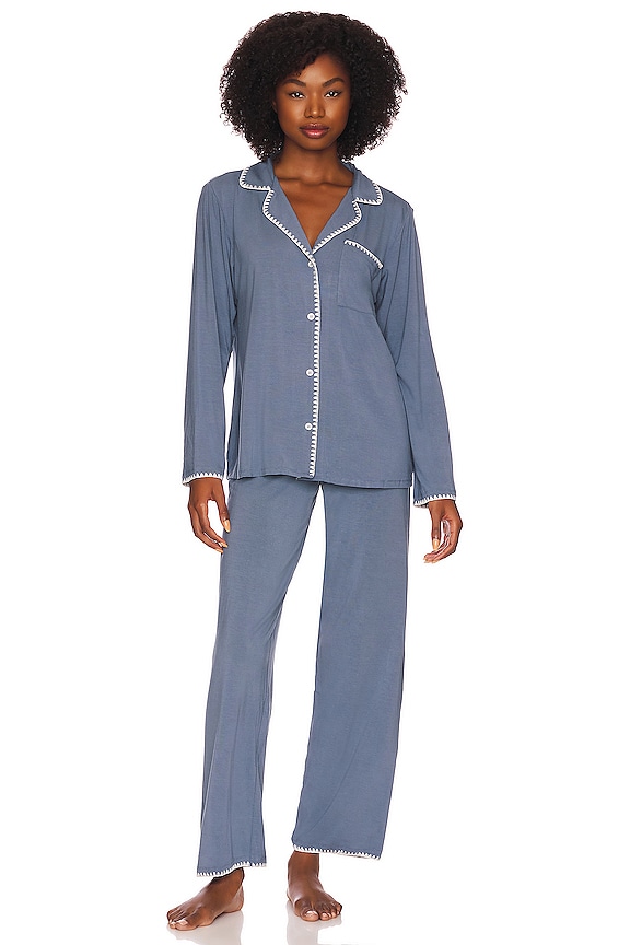 eberjey The Whip Stitch Long PJ Set in Coastal Blue | REVOLVE