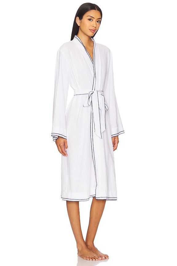 view 2 of 3 Linen Blend Long Sleeve Robe in Off White & Navy
