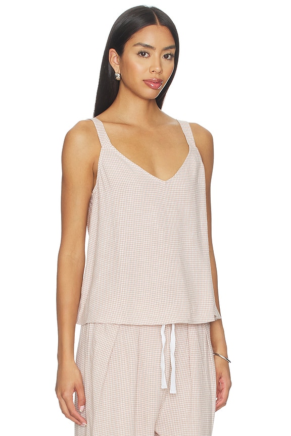 view 2 of 5 CAMISOLA CUELLO PICO LINEN BLEND in Gingham White & Warm Taupe