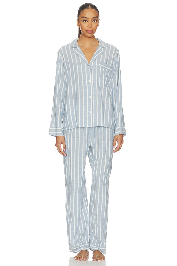 view 1 of 4 Nautico Long Pajama Set in Classic Stripe Slate Blue & Ivory