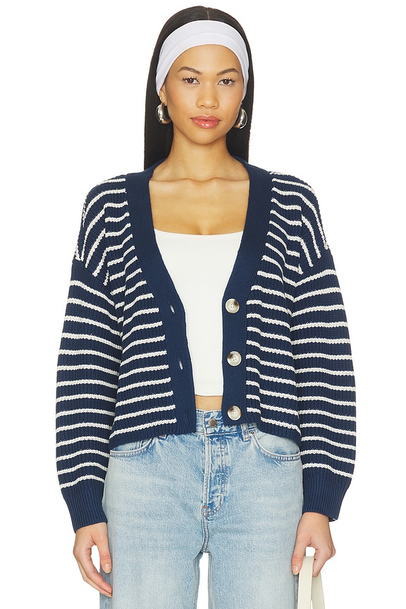 view 2 of 6 Fine Gauge Cropped Cardigan in Stripe Navy & Heathered Almond