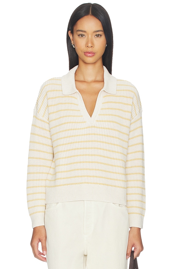 view 1 of 4 Fine Gauge Polo Top in Stripe Almond Heather& Sunbeam Ivory