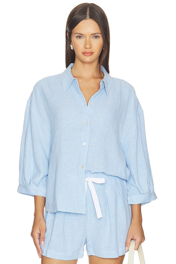 view 1 of 5 TOP CON BOTONES LINEN BLEND in Gingham White & Summer Blue