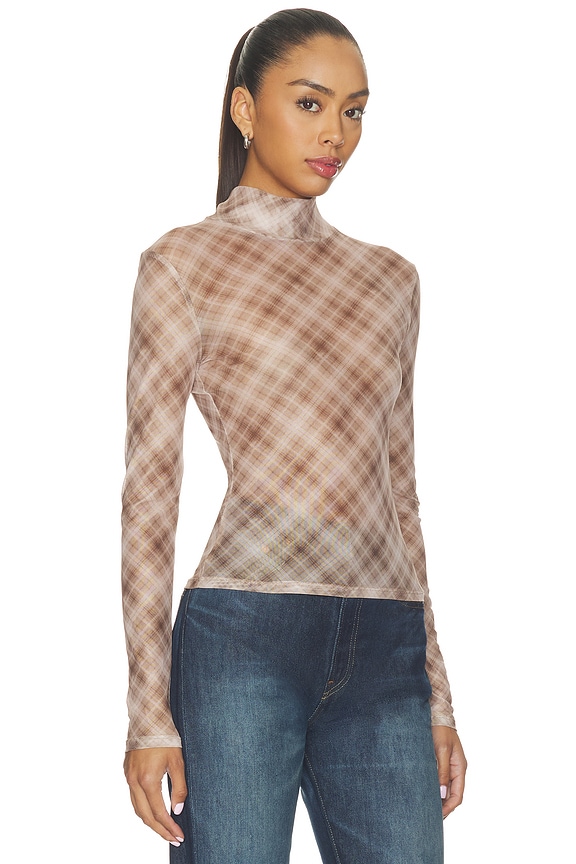 view 2 of 5 Bourbon Turtleneck Mesh Top in Brown Plaid