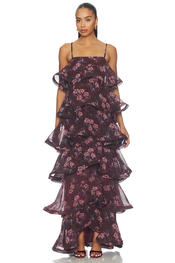 view 2 of 3 Rosaria Strapless Tiered Gown in Plum Multi