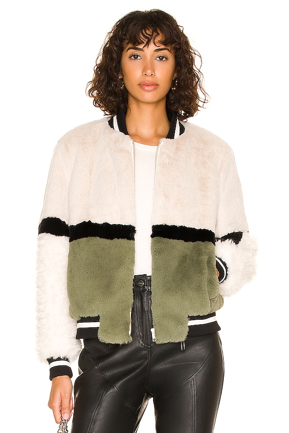 Ena Pelly Ruby Faux Fur Bomber in Bone, Black, & Sage | REVOLVE