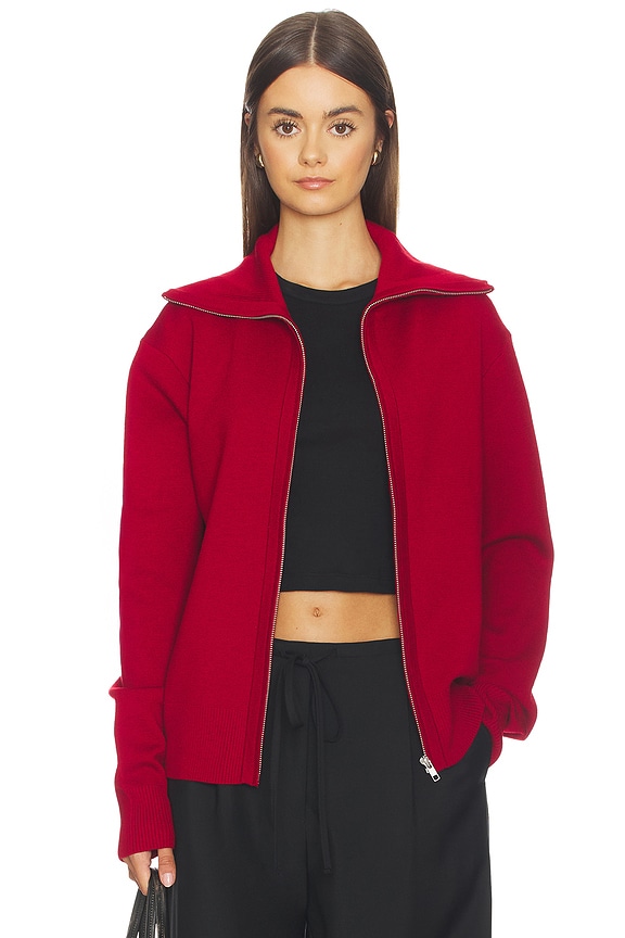 view 1 of 5 Knit Zip Up Jacket in Cherry