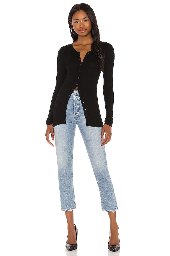 Enza Costa Silk Rib Fitted Long Sleeve Cardigan in Black | REVOLVE