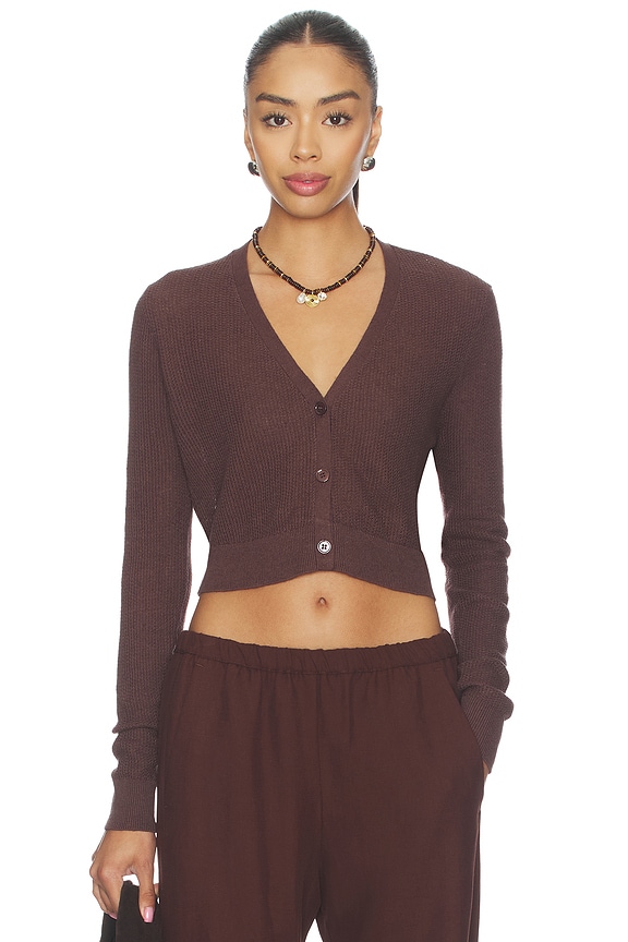 view 1 of 4 Linen Open Knit Cropped V-neck Cardigan in Chocolate