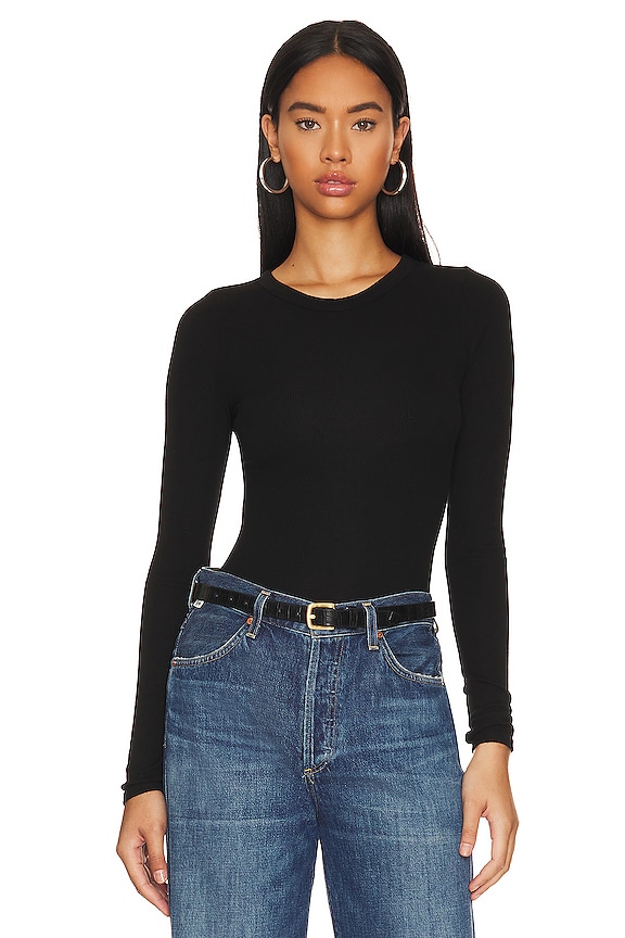 Enza Costa Knit Long Sleeve Fitted Crew in Black | REVOLVE
