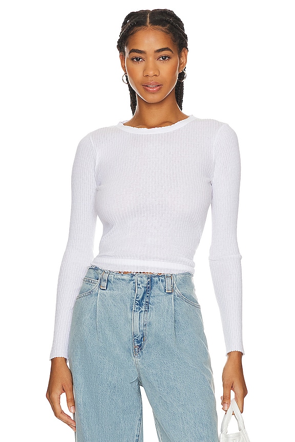 Enza Costa Scalloped Long Sleeve Crew in White | REVOLVE