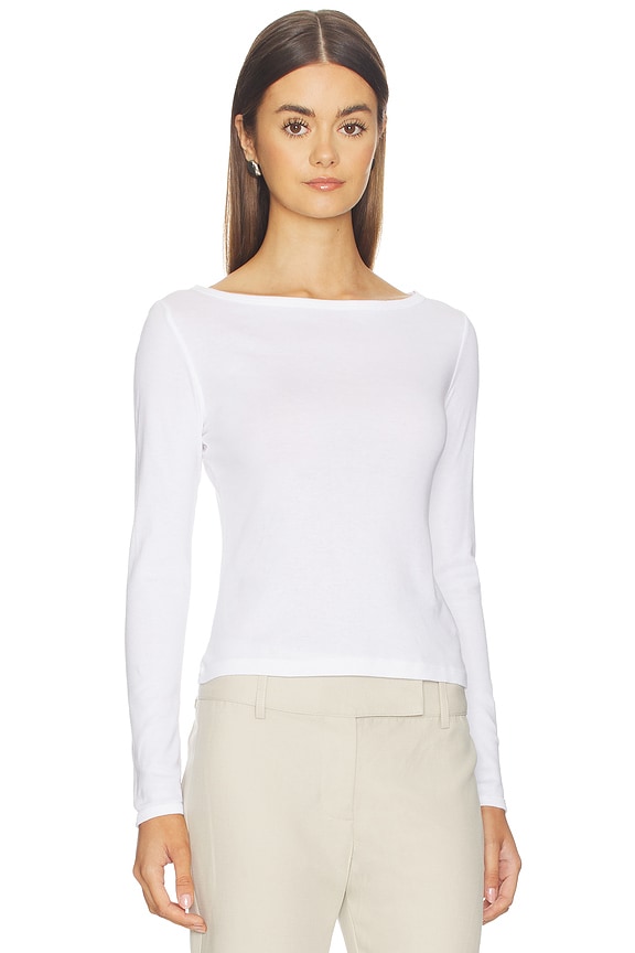 view 2 of 4 Fine Supima Cotton Long Sleeve Boatneck in White