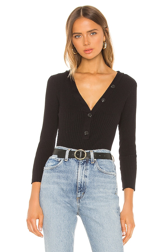 Enza Costa Military Cotton Rib Long Sleeve Henley Top in Black | REVOLVE