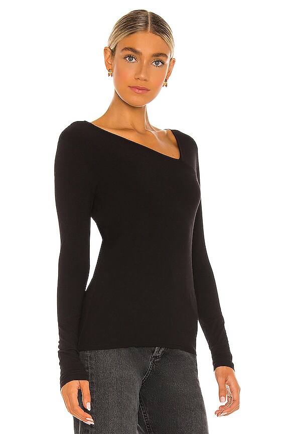 view 2 of 4 Brushed Supima Cotton Asymmetrical Neck Long Sleeve Top in Black