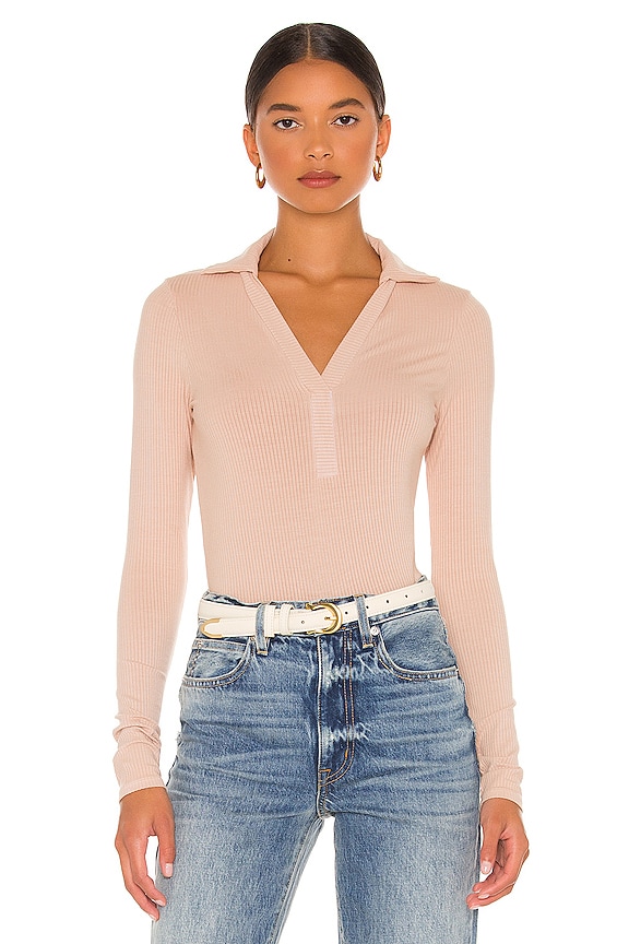 Enza Costa Silk Rib Long Sleeve Polo in Nude REVOLVE
