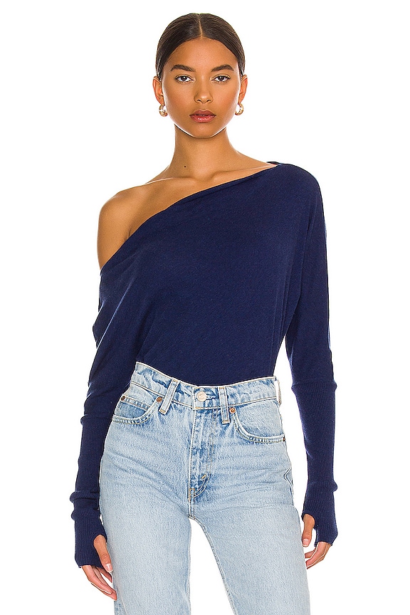Enza Costa Cashmere Cuffed Off the Shoulder Long Sleeve in French Navy ...