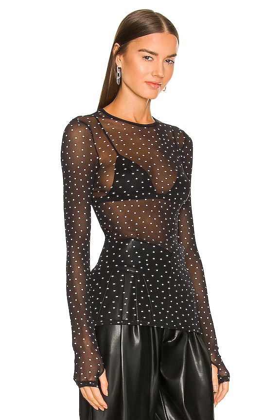 view 2 of 4 Mesh Long Sleeve Top in Black & White Dot
