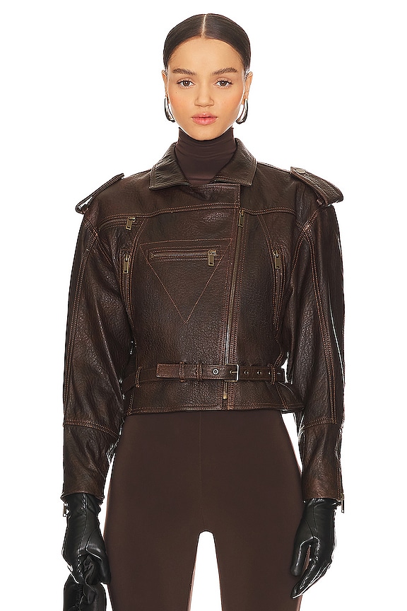 view 2 of 5 Strong Shoulder Leather Moto Jacket in Chestnut