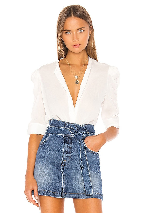FRAME Shirred Sleeve Button Up in Blanc | REVOLVE