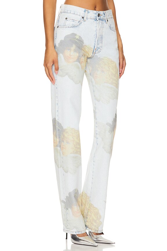 view 2 of 6 Angel Print Mid Blue Straight Fit Jeans in Blue Angel Print