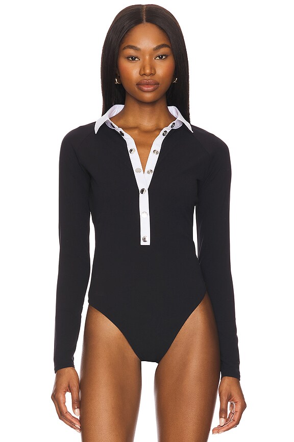 view 2 of 5 Long Sleeve High Collar Snap Bodysuit in Black