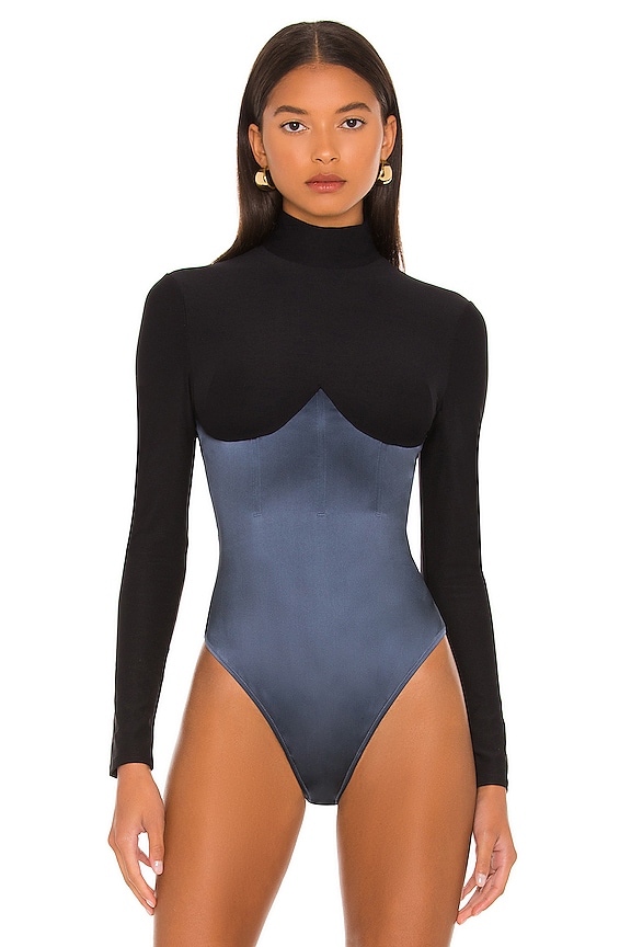 view 2 of 5 Mock Neck Long Sleeve Bodysuit in Black & Deep Slate