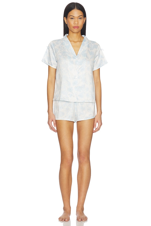 view 2 of 4 Odessa Charm Shawl Collar Pajama Set With Bows in Blue