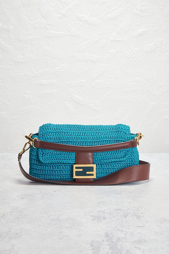 view 2 of 10 Fendi Raffia Crochet Baguette Shoulder Bag in Cyber Blue & Ghianda