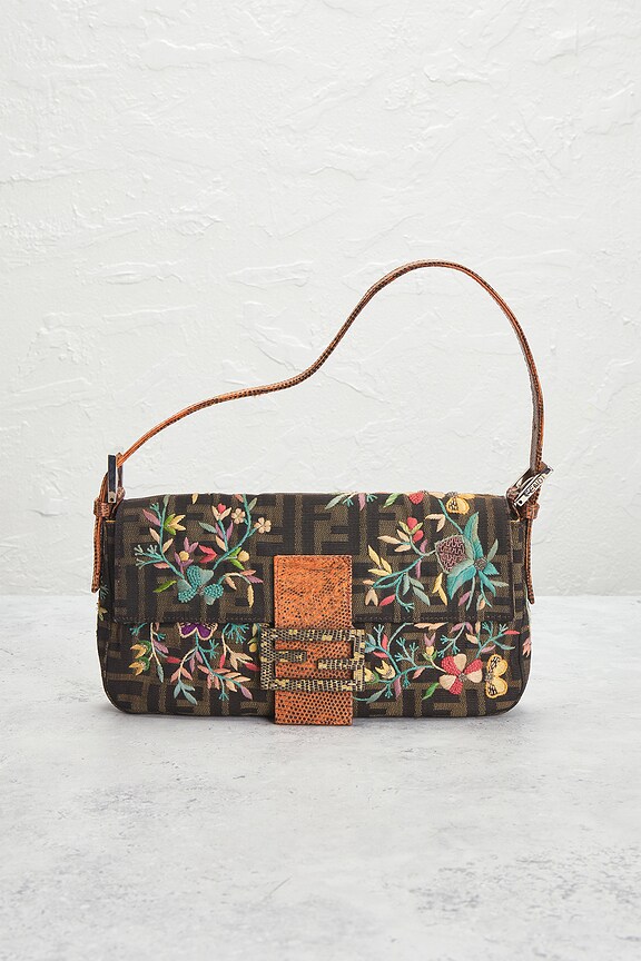view 2 of 8 Fendi Zucca Floral Embroidered Baguette Shoulder Bag in Brown