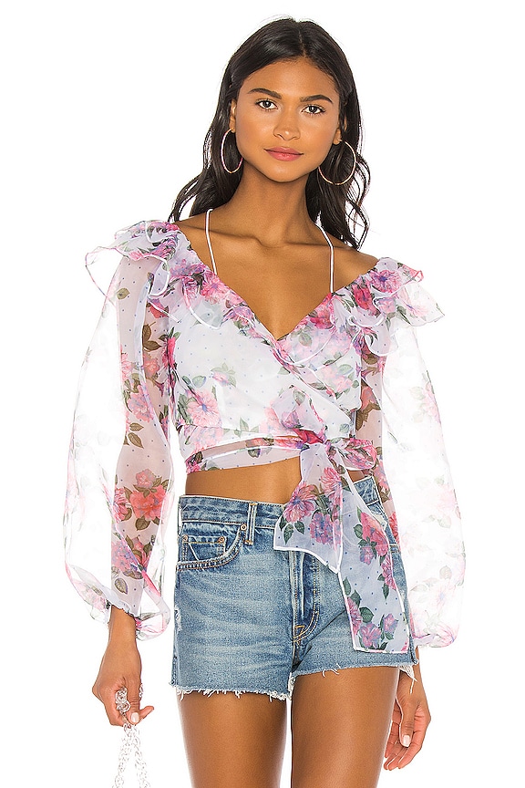 For Love & Lemons X REVOLVE Ruffle Wrap Top in Pink & Blue Floral | REVOLVE