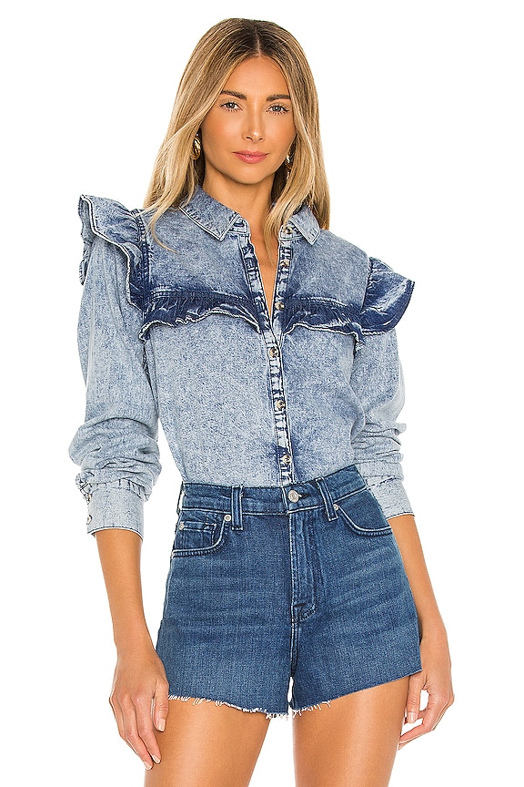 Free People Samantha Ruffle Blouse in Denim | REVOLVE