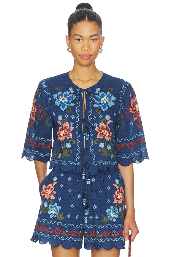 view 1 of 5 Blouse in Stitched Garden Dark Blue