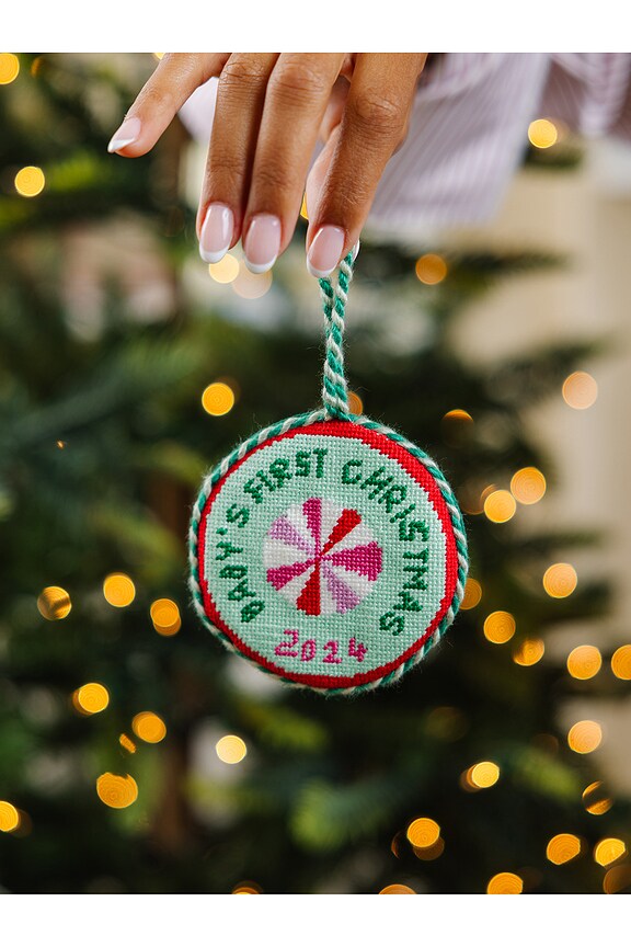 view 2 of 3 Baby's 1st Needlepoint Ornament in Green & Pink