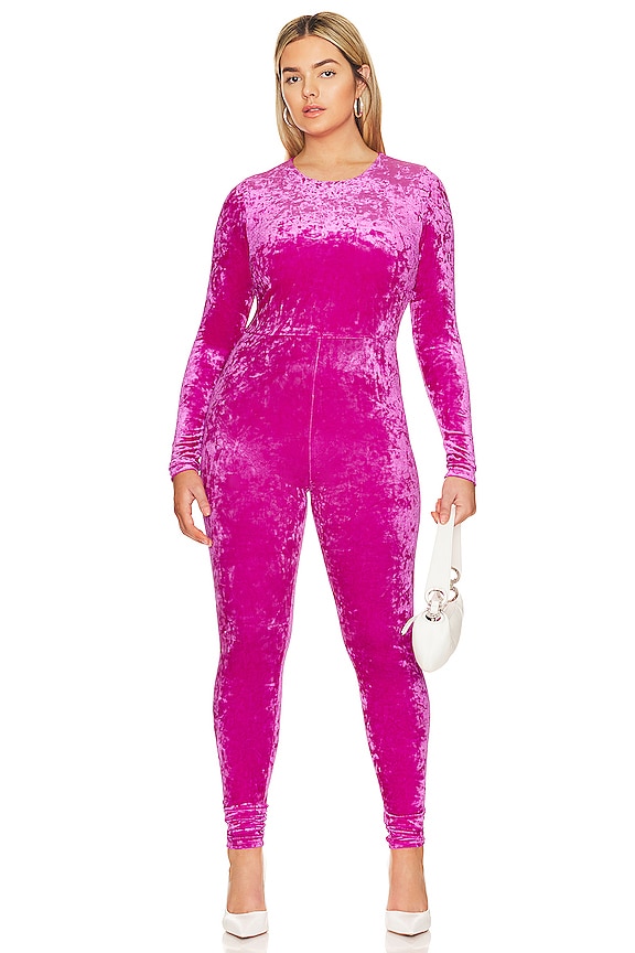 view 2 of 7 Crushed Velvet Catsuit in Fuchsia Pink001