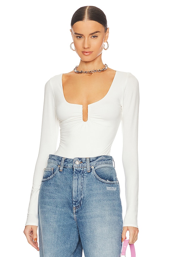 Good American Good Touch Ring Ruched Bodysuit in Ivory001 | REVOLVE