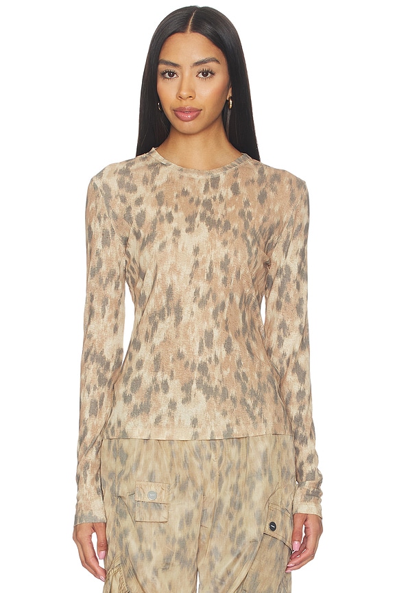 view 1 of 4 Printed Marl Mesh Long Sleeve Top in Burro