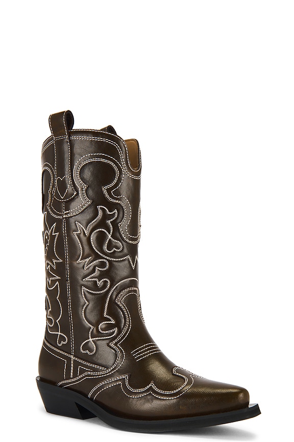 view 2 of 5 Mid Shaft Embroidered Western Boot in Dark Olive & Egret