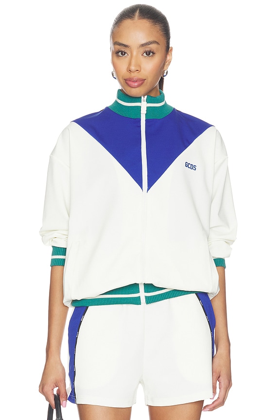 view 1 of 6 Color Block Track Jacket in Optic White & Blue