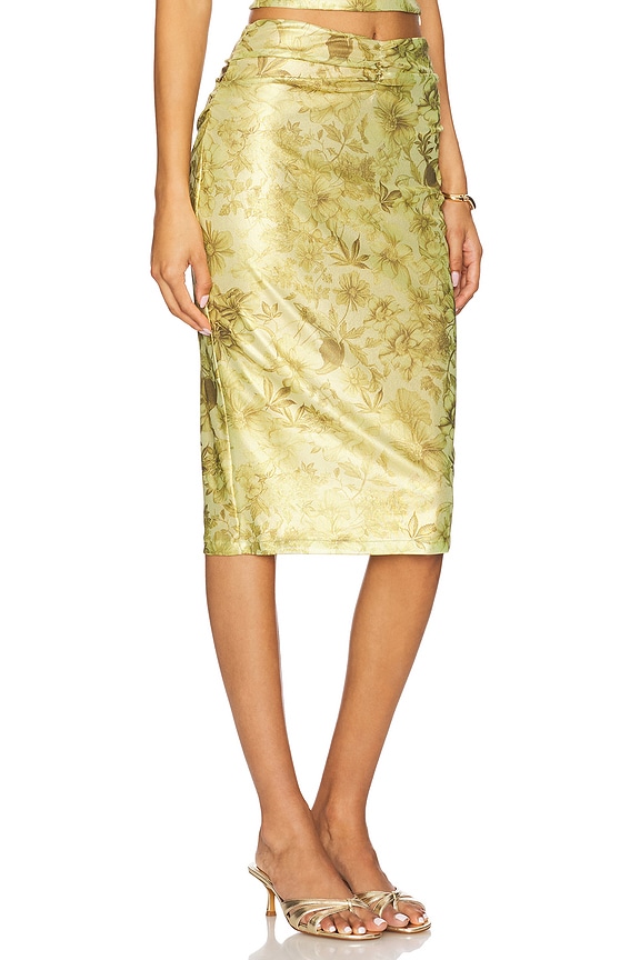 view 2 of 6 Printed Lame Midi Skirt in Green